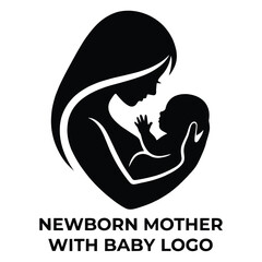 Fototapeta premium Silhouette of a mother holding her newborn baby, black and white representing motherhood, love, care, and family, isolated on a white background