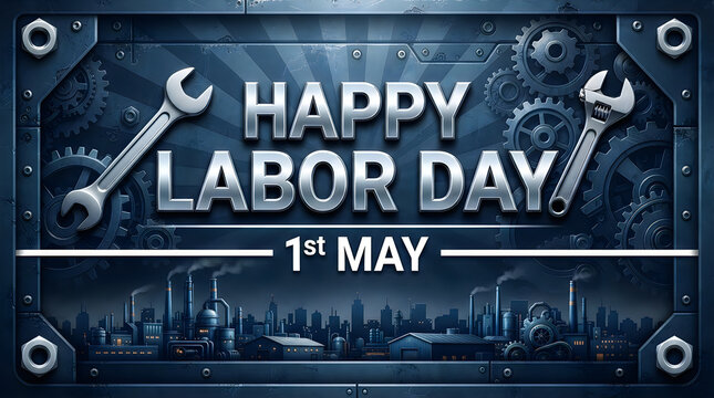 Happy labor day 1st may banner with industrial tools wrench and metal gear parts on blue background