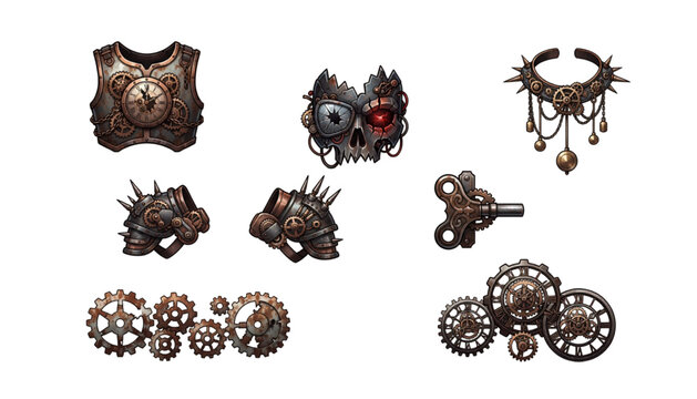 Steampunk fantasy costume accessories featuring gear armor, skull mask, spiked collar and mechanical details vector design