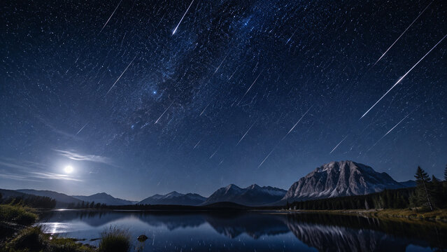 Starry night sky with meteor shower over mountain lake landscape  