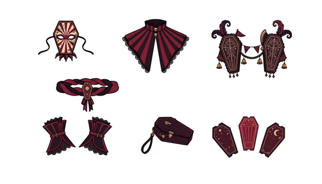 Gothic vampire costume accessories featuring coffin mask, striped cape, ornate belt and dark red cuffs vector design