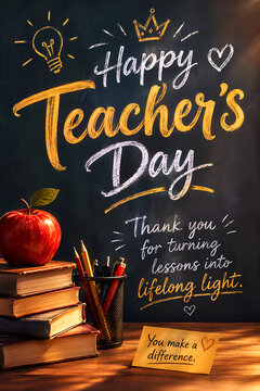 Happy teacher day greeting card featuring stacks of vintage books with a bright red apple and chalkboard background text design