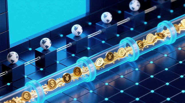 Isometric graphic representation of global economic flow, showing golden currency coins streaming through glowing pipelines in high-tech digital network