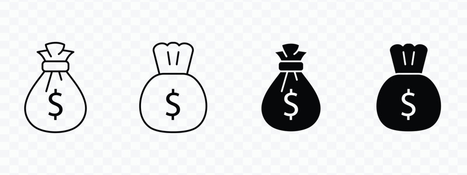 Money bag icons set, financial sack symbols for business and banking web interface design.
