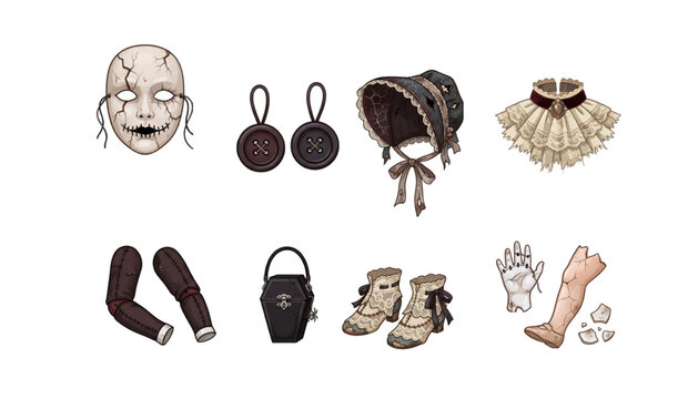 Gothic haunted doll costume accessories featuring cracked mask, lace bonnet, stitched sleeves and boots vector design