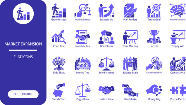 Corporate success icons set. Simple cutout vector symbols of growth, teamwork, and business achievements for presentations