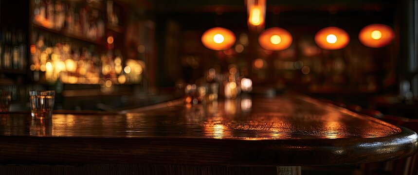 Dimly lit bar with bottles and shot glass on polished counter