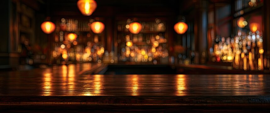 A warm, softly lit bar interior with a polished wooden counter in the foreground