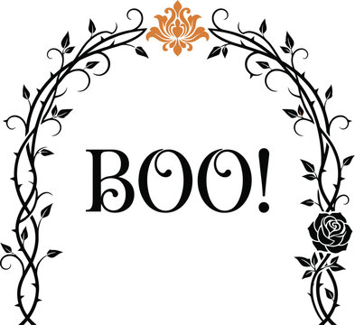 An elegant and spooky Halloween graphic featuring the word BOO in bold serif lettering framed by a delicate black rose vine archway