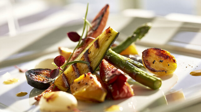 Gourmet grilled vegetables plate featuring asparagus, zucchini, bell peppers, eggplant, and potatoes for healthy dining