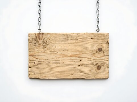 Natural wooden hanging sign attached with silver chains isolated on white backdrop for store signage design.