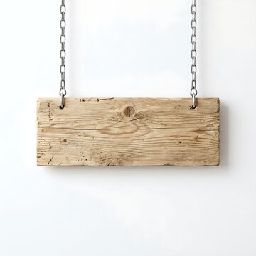 Blank rustic wooden sign hanging from silver metal chains isolated on a seamless white background mockup.