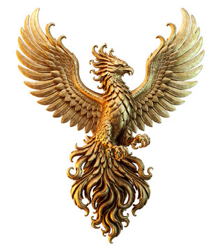 Heraldic phoenix, mythical bird, firebird symbol of rebirth, renewal and resurrection. Ornate metallic golden phoenix sculpture inspired by traditional heraldry, mythology and fantasy art. 3D PNG