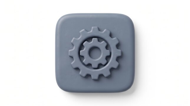 3d render of a grey gear icon on a rounded square button isolated on white background