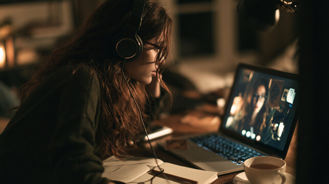 Young woman receiving an online psychic reading on her laptop at night, headphones on, tarot reader visible on screen, notebook and tea nearby, intimate realistic home