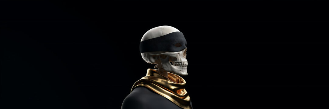 Human skull with black mask and gold drapery a 3d rendering against black backdrop