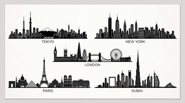 Iconic World City Skylines Silhouette Set Featuring Tokyo, New York, London, Paris, and Dubai Landmarks