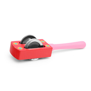Wooden jingle stick rattle toy on white background