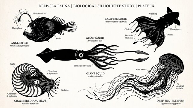 Deep Sea Fauna Biological Silhouette Study Featuring Anglerfish, Giant Squid, Chambered Nautilus, and Jellyfish