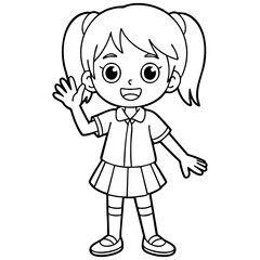Fototapeta premium Anime School Girl Coloring Page With Pigtails School Uniform And Waving Pose Isolated on a Transparent or White Background