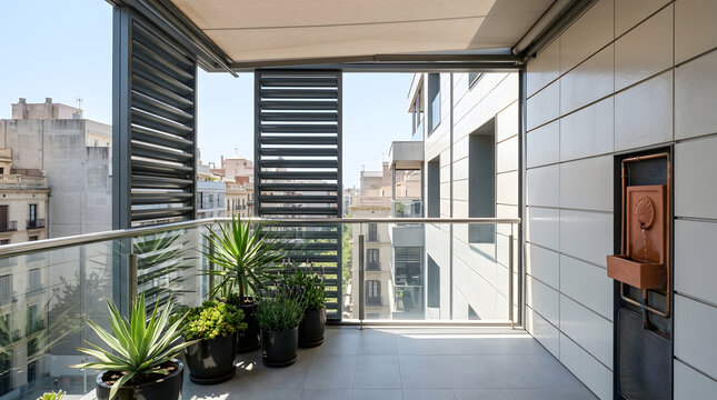 Contemporary residential balcony with slatted sunshades and green potted plants framing a city street view slatted screens contemporary apartment outdoor space modern building urban living