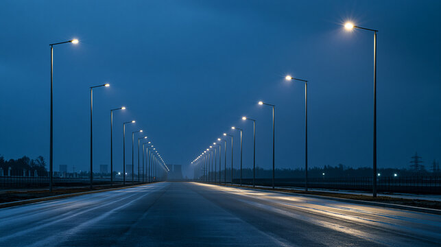 Long row of modern streetlights illuminating an empty urban road at blue hour, evenly spaced LED poles, wet asphalt reflecting light after rain, realistic city infrastructure