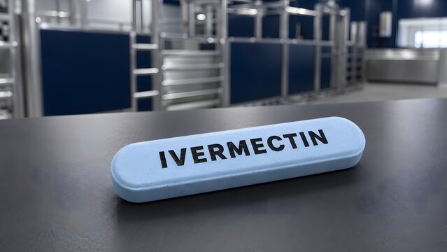 Blue veterinary tablet labeled ivermectin resting on a dark surface