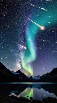 A spectacular meteor shower streaks across a star-filled night sky above a dramatic mountain lake, with vibrant aurora lights illuminating the landscape and reflecting on the calm water.