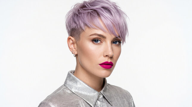 Beautiful young woman with trendy lavender pixie cut and bold magenta lipstick