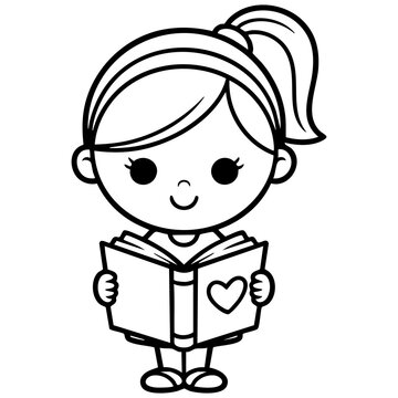 Cute Cartoon Girl Reading Book Coloring Page with Ponytail and Headband, Isolated on a Transparent or White Background