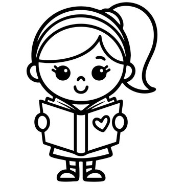 Kawaii Girl Reading Book Coloring Page with Ponytail and Heart Details, Isolated on a Transparent or White Background