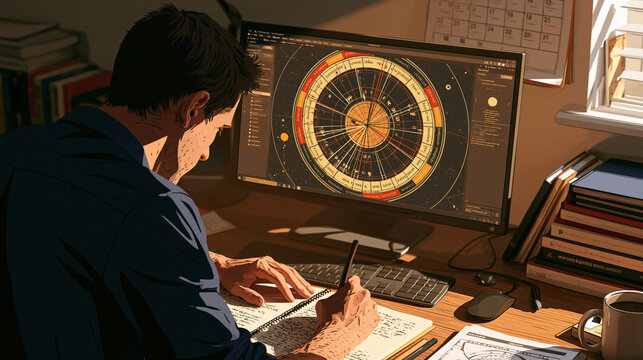 Astrologer studying a large circular birth chart on a computer while writing notes by hand, modern desk setup, books and calendar nearby, realistic professional astrology