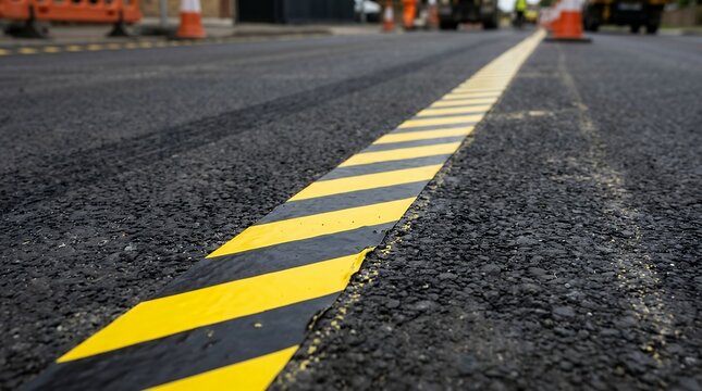 Striped Marking Tape On Dark Asphalt Road Temporary Surface Markings For Construction Maintenance Operations Modern Infrastructure Background tape mark line paved surface asphalt road pavement