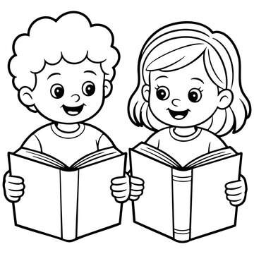 Cute Children Reading Books Coloring Page with Boy and Girl, Isolated on a Transparent or White Background