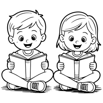 Children Reading Books Coloring Page with Boy and Girl Sitting Together, Isolated on a Transparent or White Background