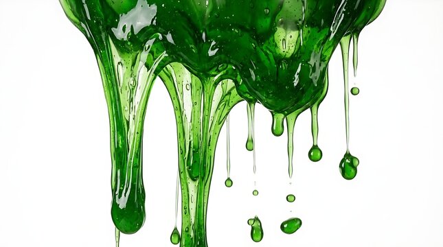 Thick green slime dripping down and flowing slowly with shiny wet texture and bright liquid droplets splashing