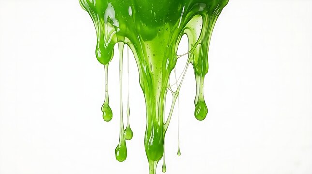 Bright green slime dripping down and stretching with sticky texture and liquid bubbles for a fun creative design