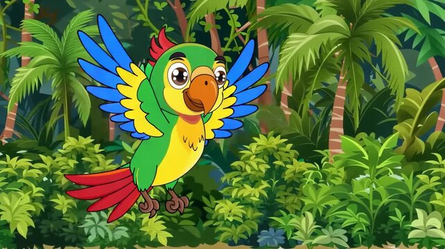 Animated parrot flying through a lush jungle with cinematic motion and vibrant colors