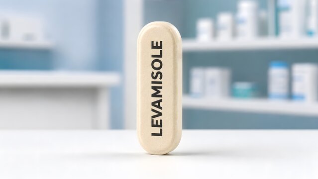 Veterinary medication levamisole bolus standing upright on a white surface