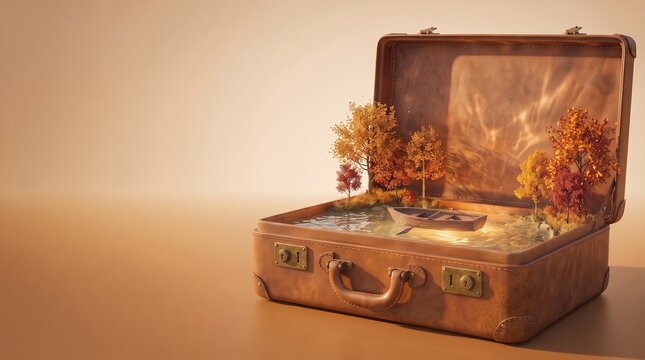 Open vintage leather travel suitcase enclosing glowing miniature lake with golden trees and tiny rowboat, warm background for fall season vacation banner template with copy space