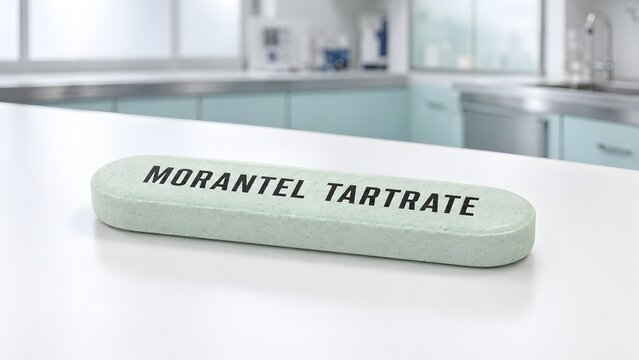 Pale green veterinary bolus morantel tartarate tablet on a white laboratory table