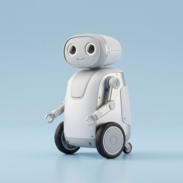 Cute white robot character with large glowing circular eyes standing on a clean light blue background