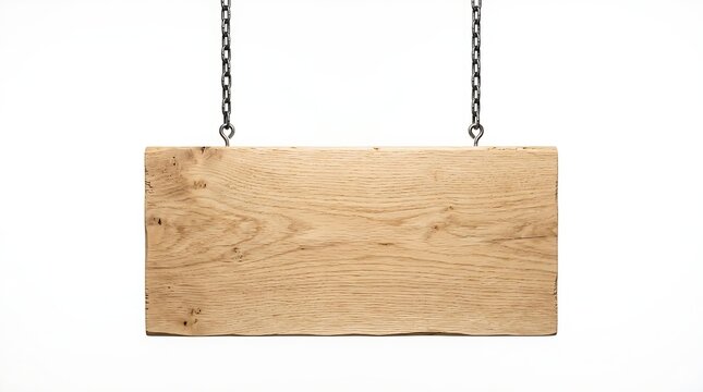 Empty rectangular wooden sign board hanging from two metal chains for advertising or information display purposes
