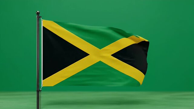 Jamaica national flag waving in wind on green background for travel and culture themes