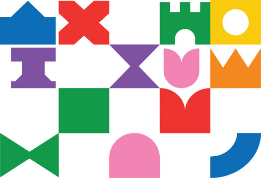 Set of colorful vector toy building block geometric shapes featuring arches crowns crosses bowtie and castle battlements