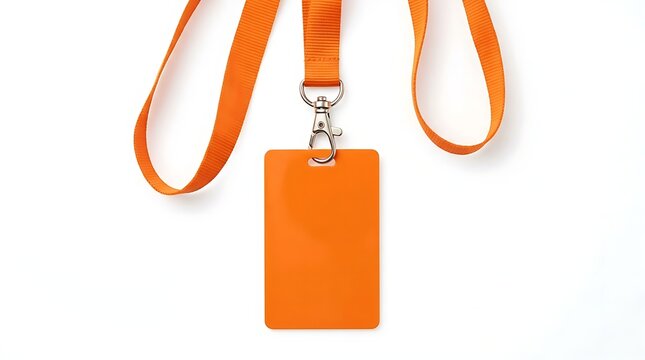 Blank orange plastic id badge card holder with a matching fabric neck lanyard hanging for event or work access
