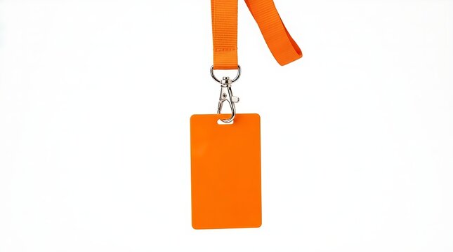 Orange lanyard with a blank plastic badge holder for business identification or event access pass on a neck strap