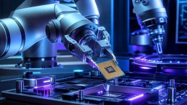 Automated robotic arms assembling semiconductor microchip on computer motherboard at production factory