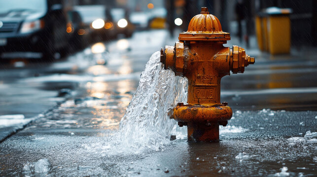 Vibrant orange fire hydrant gushing water onto a wet city street during a rainy day with blurred cars in background