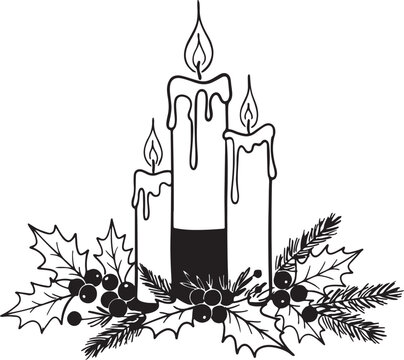 Christmas candle composition with burning candles surrounded by holly berries and pine branches silhouette style isolated graphic.